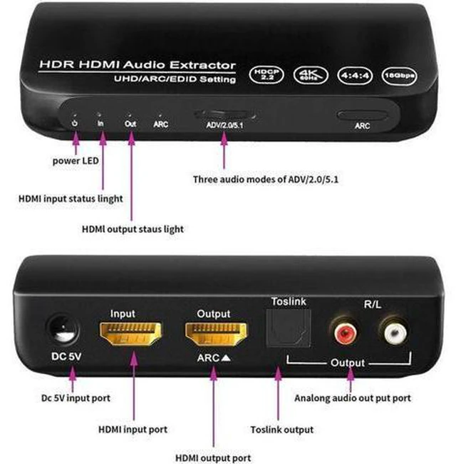 Alt view image 4 of 7 - AJMRTC HDMI 2.0 Audio Extractor Splitter, 4K@60Hz HDR HDCP2.2 ARC SPDIF 5.1CH Digital to Analog Audio Converter, HDMI Pass-Through with Optical, L/R RCA & 3.5mm Jack for TV PS5 Xbox Home Theater