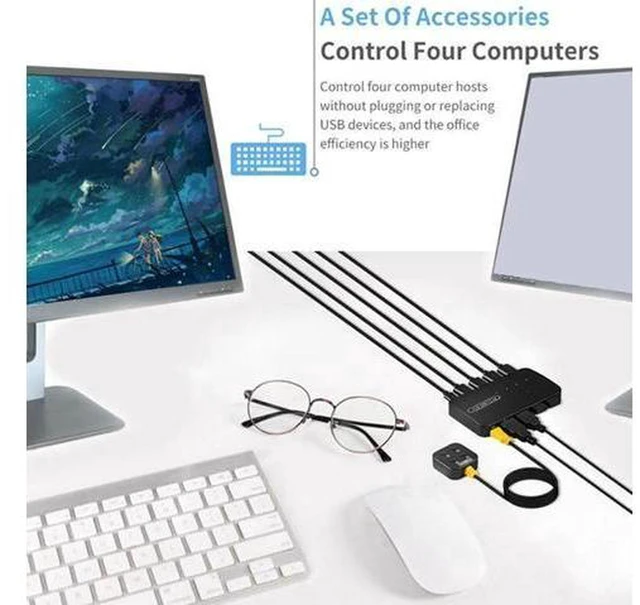 Alt view image 4 of 6 - AJMRTC 4 In 4 Out USB Switch Sharing Controller, USB 2.0 4×4 Peripheral Sharing Adapter, 4 Hosts Share 4 USB Devices, Manual Button Switcher with LED Indicator for PC Laptop Office Desktop, Plug