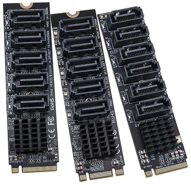 Main image of AJMRTC M.2 NGFF M-Key PCIe to 5 Port SATA3.0 Expansion Card, 6Gbps Per SATA Port, Total 16Gbps PCIe Bandwidth JMB585 Chipset Riser Adapter for NVMe M.2 Slot to SATA HDD SSD, NAS Server Storage Expansi