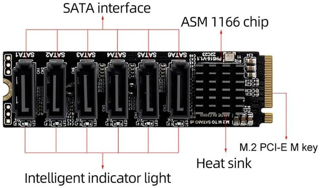 Alt view image 4 of 7 - AJMRTC M.2 NGFF M-Key PCIe to 5 Port SATA3.0 Expansion Card, 6Gbps Per SATA Port, Total 16Gbps PCIe Bandwidth JMB585 Chipset Riser Adapter for NVMe M.2 Slot to SATA HDD SSD, NAS Server Storage Expansi
