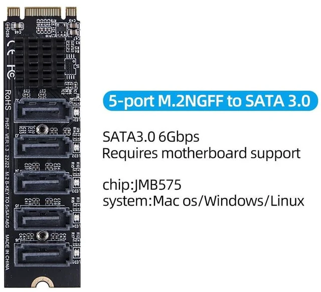 Alt view image 6 of 7 - AJMRTC M.2 NGFF M-Key PCIe to 5 Port SATA3.0 Expansion Card, 6Gbps Per SATA Port, Total 16Gbps PCIe Bandwidth JMB585 Chipset Riser Adapter for NVMe M.2 Slot to SATA HDD SSD, NAS Server Storage Expansi