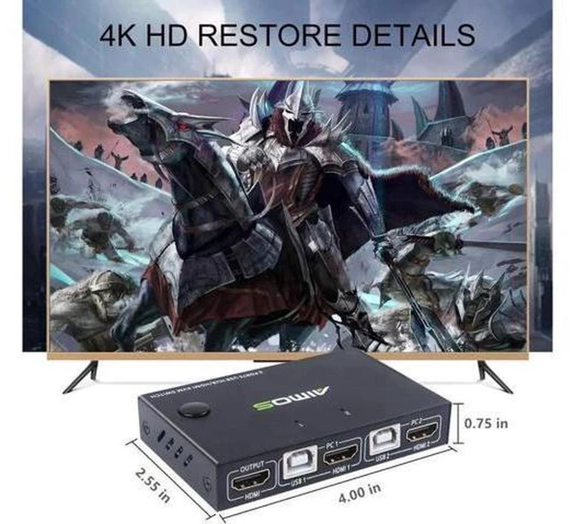 Alt view image 3 of 7 - AJMRTC 2 Port HDMI KVM Switch, 4K@30Hz HDMI Switcher with 4 USB 2.0 Hub, Share Monitor Keyboard Mouse USB Devices for 2 PCs Laptops, Button & Remote Cable Control, HDMI 1.4 HDCP 1.4