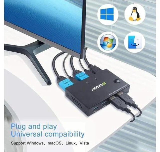 Alt view image 6 of 7 - AJMRTC 2 Port HDMI KVM Switch Box, 4K@30Hz UHD HDMI Switcher with 4 USB 2.0 Hub, Share One Monitor Keyboard Mouse USB Devices for 2 PCs Laptops, Push Button & External Remote Switch, HDMI 1.4 HDCP1.4