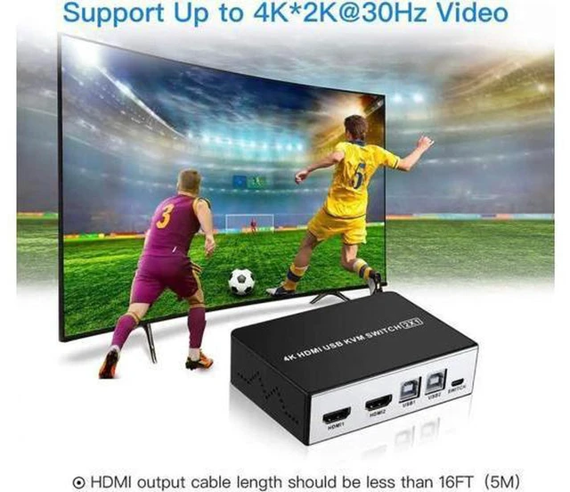 Alt view image 4 of 6 - AJMRTC 2 Port HDMI KVM Switch, 4K@30Hz USB KVM Selector, Share One HD Monitor Keyboard Mouse USB Hub for 2 PCs Laptops, Button Control, HDMI 1.4 HDCP 1.4 for Office Desktop