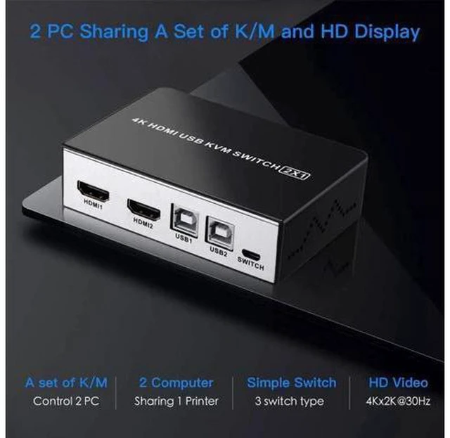 Alt view image 3 of 6 - AJMRTC 2 Port HDMI KVM Switch, 4K@30Hz UHD USB KVM Selector, Share One HDMI Monitor, Keyboard, Mouse and USB Peripherals for 2 PCs Laptops, Push Button Control, HDMI 1.4 HDCP1.4 for Home Office Deskto