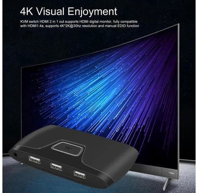 Alt view image 4 of 5 - AJMRTC 2 Port HDMI KVM Switch, 4K@30Hz 2 IN 1 OUT USB KVM Selector, Share One Monitor Keyboard Mouse Printer USB Flash Drive for 2 PC Laptop, Push Button Control, HDMI 1.4 HDCP1.4