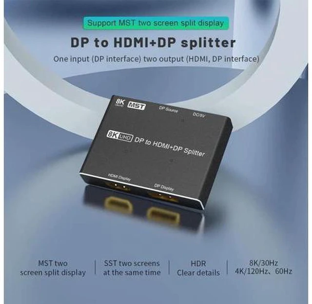 Alt view image 4 of 6 - AJMRTC 1x2 MST SST Video Splitter, DisplayPort 1.4 Input to DP 1.4 + HDMI 2.1 Output Adapter, Dual Monitor MST Hub for Extended & Clone Display