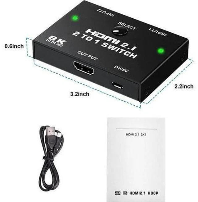 Alt view image 7 of 7 - AJMRTC 2 Port HDMI 2.1 Switch 2 in 1 Out 8K@60Hz, 48Gbps UHD HDMI Switcher Supports 4K@120Hz VRR ALLM HDR HDCP2.3 for PS5 Xbox PC TV Projector
