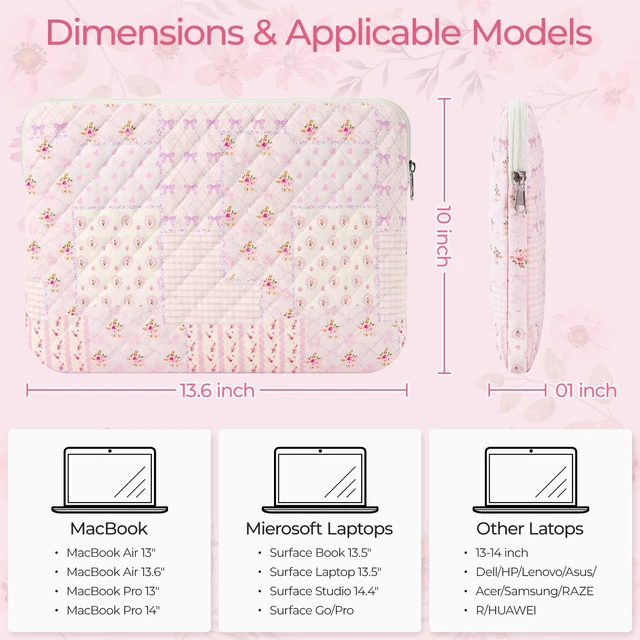 Alt view image 2 of 7 - 13-14 inch Cotton Quilted Laptop Sleeve for Women, Aesthetic Puffy Laptop Case Carrying Bag Compatible with MacBook Air/Pro 13/Pro 14, Soft Computer Liner Bag (Purple Patchwork, 13.3 inch)