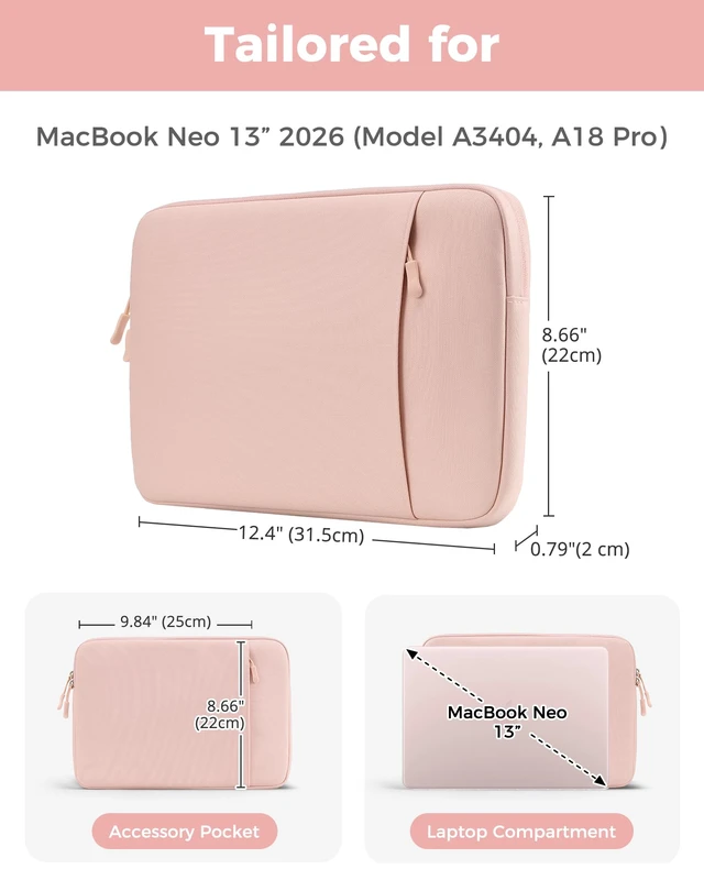 Alt view image 2 of 6 - MacBook Neo 13 Inch Sleeve for 2026 (A3404, A18 Pro) | Soft Lining Helps Prevent Scratches, Slim Lightweight Design With Front Accessory Pocket,Tailored For MacBook Neo 13"-Blush