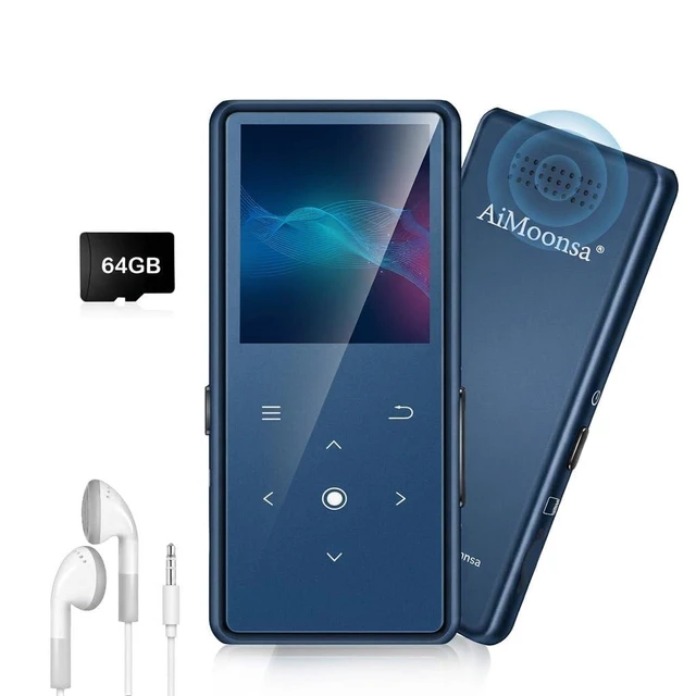 Main image of 64GB MP3 Player with Bluetooth 5.2, AiMoonsa Music Player with Built-in HD Speaker, FM Radio, Voice Recorder, HiFi Sound, E-Book, Earphones Included, Blue