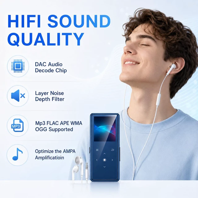 Alt view image 2 of 7 - 64GB MP3 Player with Bluetooth 5.2, AiMoonsa Music Player with Built-in HD Speaker, FM Radio, Voice Recorder, HiFi Sound, E-Book, Earphones Included, Blue