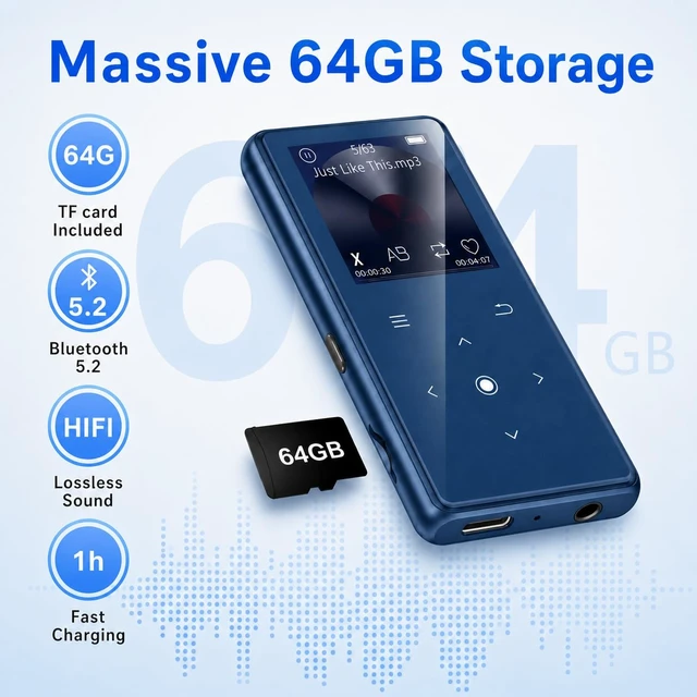 Alt view image 3 of 7 - 64GB MP3 Player with Bluetooth 5.2, AiMoonsa Music Player with Built-in HD Speaker, FM Radio, Voice Recorder, HiFi Sound, E-Book, Earphones Included, Blue