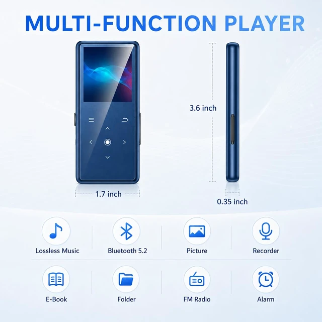 Alt view image 7 of 7 - 64GB MP3 Player with Bluetooth 5.2, AiMoonsa Music Player with Built-in HD Speaker, FM Radio, Voice Recorder, HiFi Sound, E-Book, Earphones Included, Blue