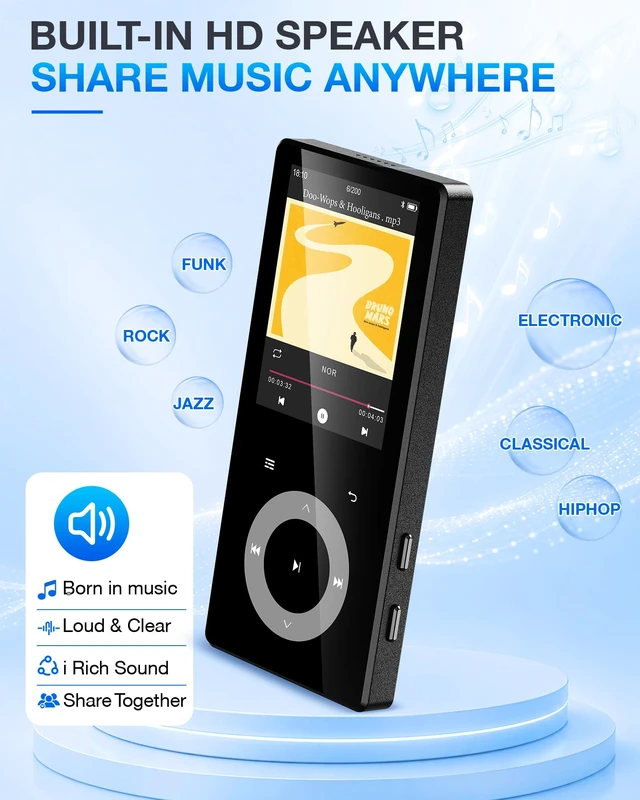 Alt view image 6 of 7 - 64GB MP3 Player with Bluetooth 5.3, 2.4"HiFi Music Player with Touch Button | MP3 Built in HD Speaker FM Radio Voice Recorder E-Book for Kids Adults, Expanded Up to 128GB, Earphone Included (Black)