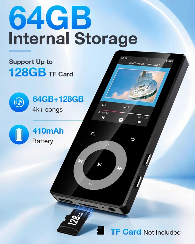 Alt view image 2 of 7 - 64GB MP3 Player with Bluetooth 5.3, 2.4"HiFi Music Player with Touch Button | MP3 Built in HD Speaker FM Radio Voice Recorder E-Book for Kids Adults, Expanded Up to 128GB, Earphone Included (Black)