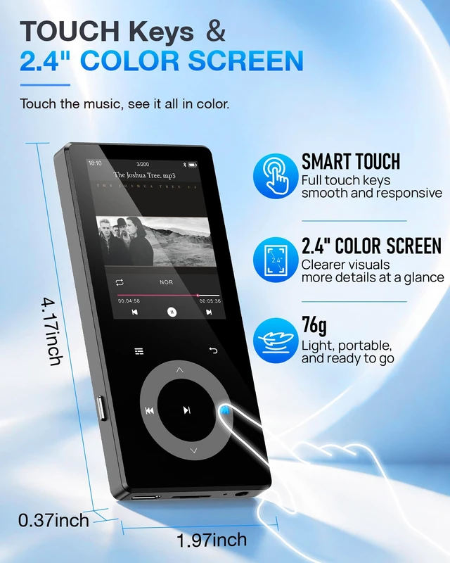 Alt view image 3 of 7 - 64GB MP3 Player with Bluetooth 5.3, 2.4"HiFi Music Player with Touch Button | MP3 Built in HD Speaker FM Radio Voice Recorder E-Book for Kids Adults, Expanded Up to 128GB, Earphone Included (Black)