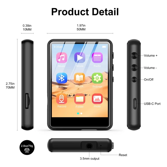 Alt view image 5 of 7 - 64GB MP3 Player with Bluetooth 5.3, 2.4-Inch Full Touch Screen, Portable Lossless Sound Music Player with HD Speaker, MP3 with FM Radio Recording e-Book, Record, Earphone Included-Gray