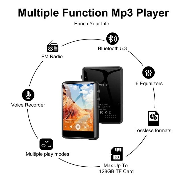 Alt view image 7 of 7 - 64GB MP3 Player with Bluetooth 5.3, 2.4-Inch Full Touch Screen, Portable Lossless Sound Music Player with HD Speaker, MP3 with FM Radio Recording e-Book, Record, Earphone Included-Gray