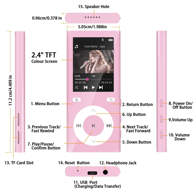 Alt view image 7 of 7 - 90GB MP3 Player with Bluetooth 5.3, Music Player with 2 TF Card Slots | 2.4" Color Screen, Touch Buttons, MP3 Player for Kids Built-in Speaker, HiFi Sound, Supports up to 256GB (Pink)