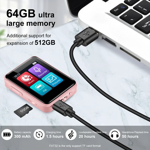 Alt view image 3 of 7 - Bluetooth 5.3 Portable Sports MP3 Player, 1.8Inch Full Touch Screen, 64GB, 128GB Expandable, HiFi Lossless Sound, Builtin Speaker, FM Radio & Recording Function, Comes with Earphones, (Pink)