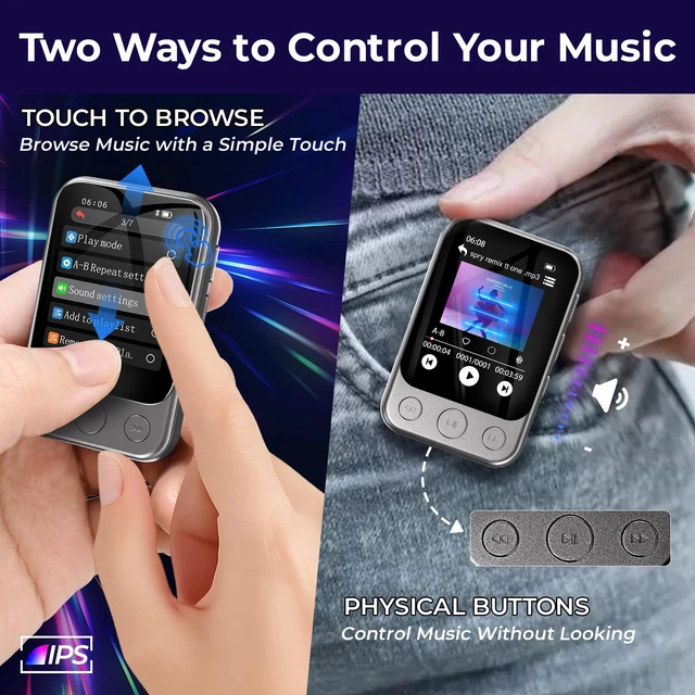 Alt view image 2 of 7 - 32GB Clip MP3 Player with Bluetooth 5.3 & Speaker, Only 1.2 Oz | 2" Touchscreen & Physical Buttons for Eyes-Free Control, FM Radio, Voice Recorder, Sports & Running, Up to 128GB microSD Card