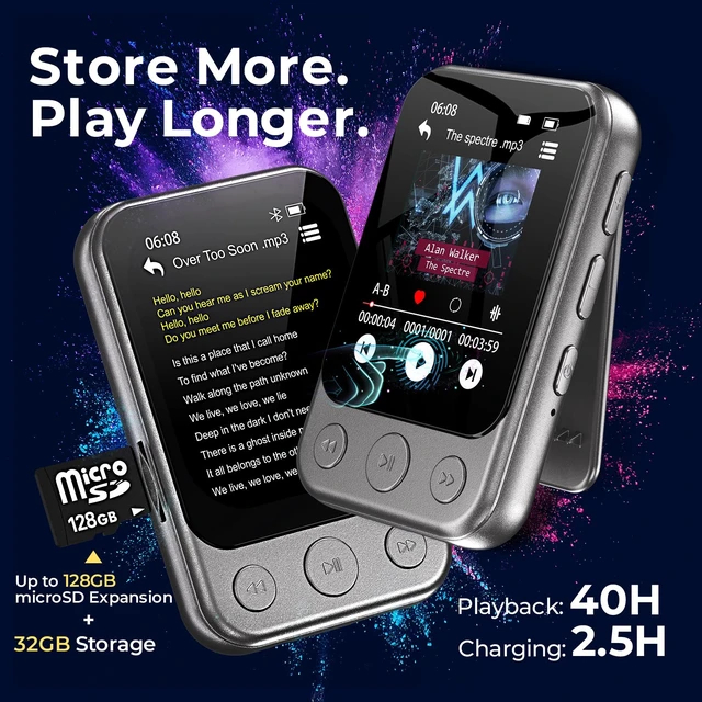 Alt view image 5 of 7 - 32GB Clip MP3 Player with Bluetooth 5.3 & Speaker, Only 1.2 Oz | 2" Touchscreen & Physical Buttons for Eyes-Free Control, FM Radio, Voice Recorder, Sports & Running, Up to 128GB microSD Card