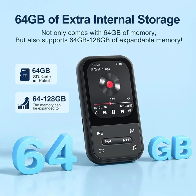 Alt view image 4 of 7 - 64GB Clip MP3 Player with Bluetooth 5.3, Music Player with FM Radio & Voice Recorder, E-Book, Portable Music Player Running & Workout, Supports up to 512GB, Earphones Included