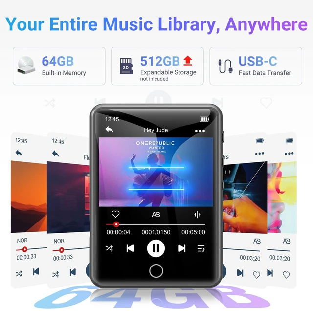 Alt view image 3 of 7 - 64GB Bluetooth 5.3 MP3 Player 2.4" Touch Screen Gray | Portable digital player delivers HiFi lossless audio, supports FM radio and line-in recording, TF card expandable up to 128GB