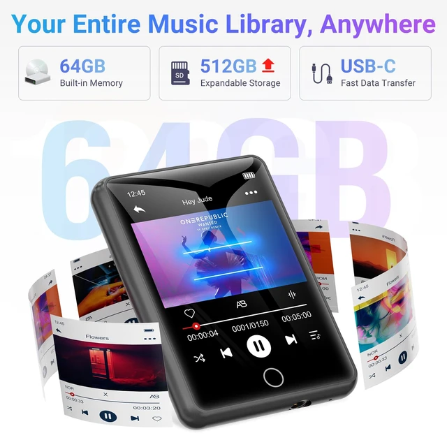 Alt view image 4 of 7 - 64GB Bluetooth 5.3 MP3 Player 2.4" Touch Screen Gray | Portable digital player delivers HiFi lossless audio, supports FM radio and line-in recording, TF card expandable up to 128GB