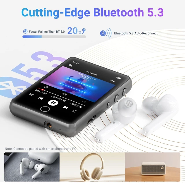 Alt view image 5 of 7 - 64GB Bluetooth 5.3 MP3 Player 2.4" Touch Screen Gray | Portable digital player delivers HiFi lossless audio, supports FM radio and line-in recording, TF card expandable up to 128GB