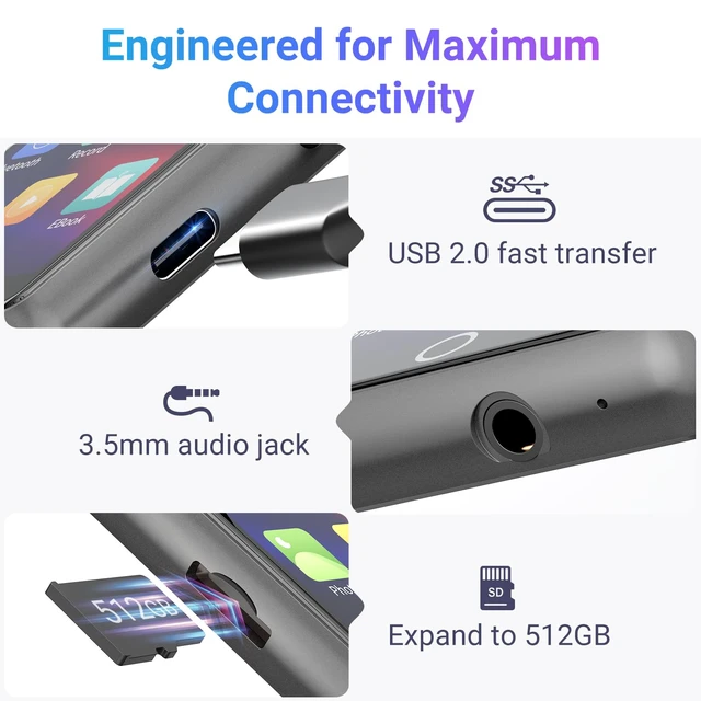 Alt view image 7 of 7 - 64GB Bluetooth 5.3 MP3 Player 2.4" Touch Screen Gray | Portable digital player delivers HiFi lossless audio, supports FM radio and line-in recording, TF card expandable up to 128GB