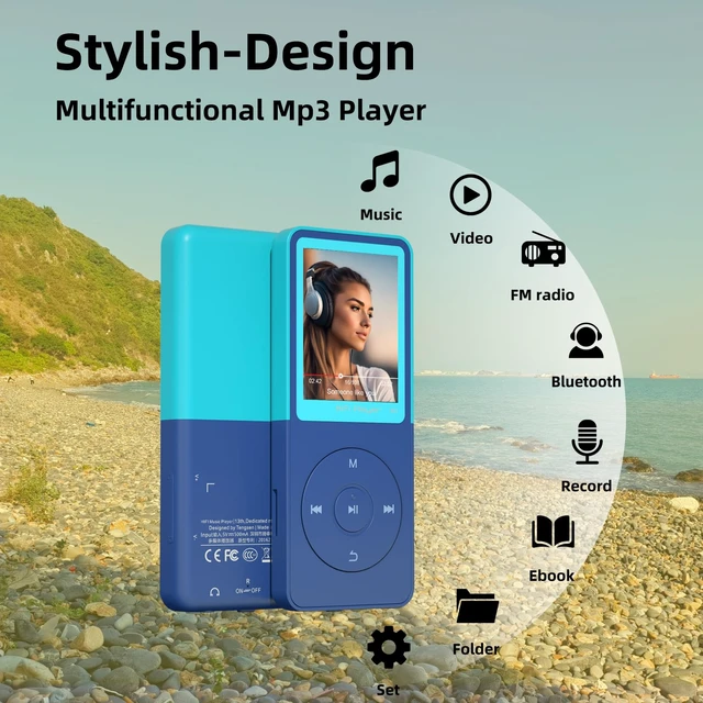 Alt view image 2 of 7 - MP3 Player with Bluetooth 5.3, 1.8" Screen, Color-Block Music Player | with FM Radio, Voice Recorder, A-B Repeat, Resume Playback and Up to 128GB microSD for Running and Travel Blue 32GB