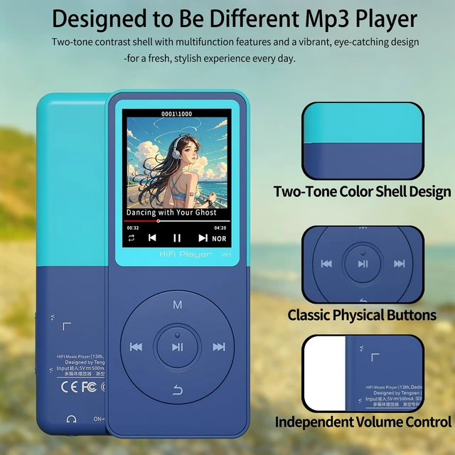 Alt view image 3 of 7 - MP3 Player with Bluetooth 5.3, 1.8" Screen, Color-Block Music Player | with FM Radio, Voice Recorder, A-B Repeat, Resume Playback and Up to 128GB microSD for Running and Travel Blue 32GB