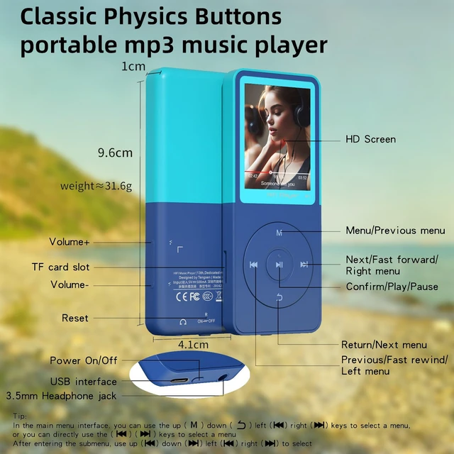 Alt view image 5 of 7 - MP3 Player with Bluetooth 5.3, 1.8" Screen, Color-Block Music Player | with FM Radio, Voice Recorder, A-B Repeat, Resume Playback and Up to 128GB microSD for Running and Travel Blue 32GB