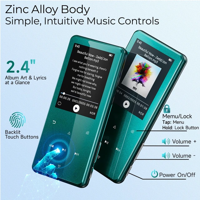 Alt view image 2 of 7 - 64GB MP3 Player with Bluetooth 5.3 Auto Reconnect, Zinc Alloy Body | Built-in Speaker & White Noise, 2.4" Screen, 45H Battery, Voice Recorder, FM Radio, Resume Playback, Up to 128GB microSD Card