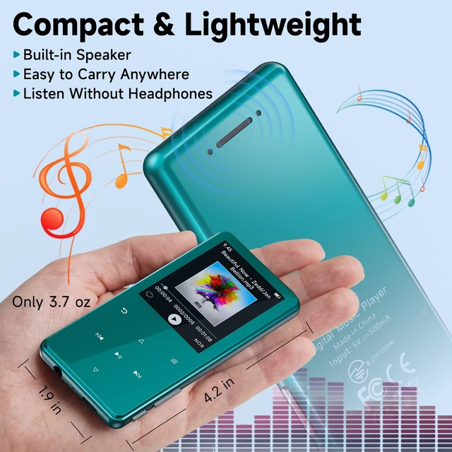 Alt view image 4 of 7 - 64GB MP3 Player with Bluetooth 5.3 Auto Reconnect, Zinc Alloy Body | Built-in Speaker & White Noise, 2.4" Screen, 45H Battery, Voice Recorder, FM Radio, Resume Playback, Up to 128GB microSD Card