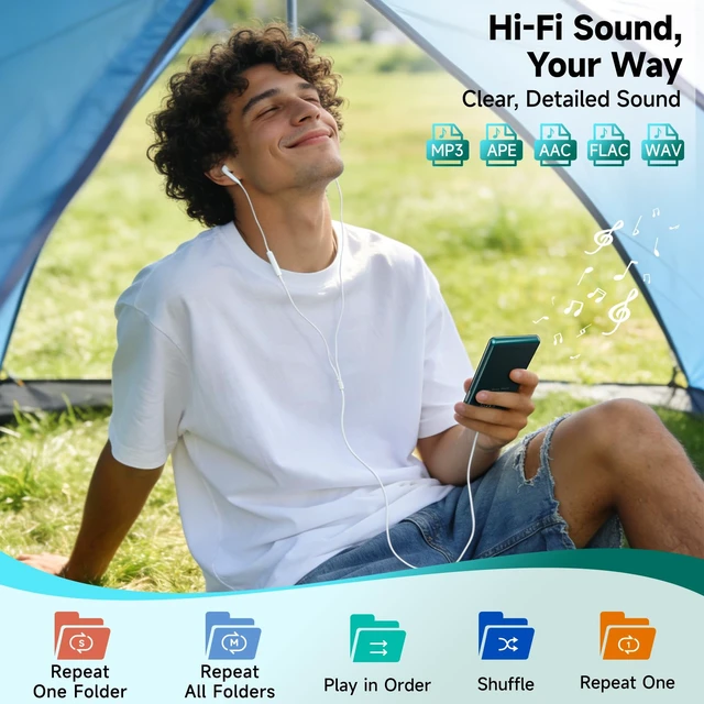 Alt view image 6 of 7 - 64GB MP3 Player with Bluetooth 5.3 Auto Reconnect, Zinc Alloy Body | Built-in Speaker & White Noise, 2.4" Screen, 45H Battery, Voice Recorder, FM Radio, Resume Playback, Up to 128GB microSD Card