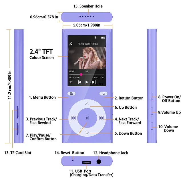Alt view image 7 of 7 - 90GB MP3 Player with Bluetooth 5.3, Music Player with 2 TF Card Slots | 2.4" Color Screen, Touch Buttons, MP3 Player for Kids Built-in Speaker, HiFi Sound, Supports up to 256GB (Purple)