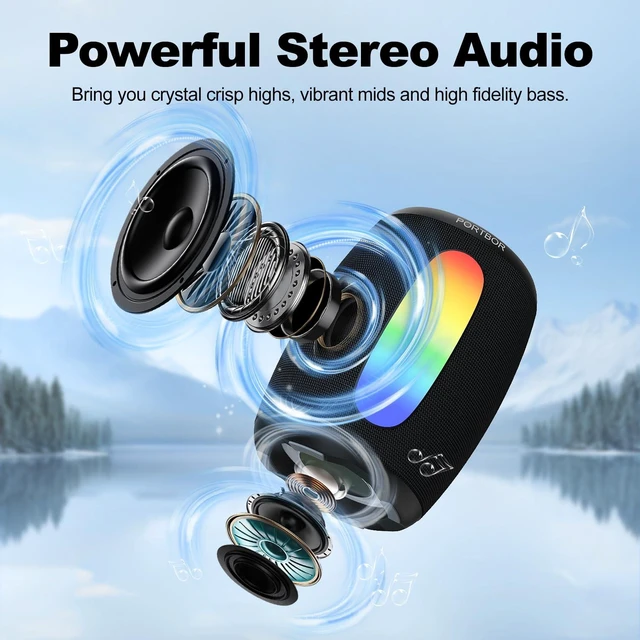 Alt view image 2 of 7 - Bluetooth Speaker Wireless, Powerful Stereo Sound, IPX5 Waterproof | 8 Dynamic LED Lights, 30H Playtime, BT 5.3, TWS Pairing, for Outdoor/Home/Party/Camping/Beach Essentials, Gifts for Men Women