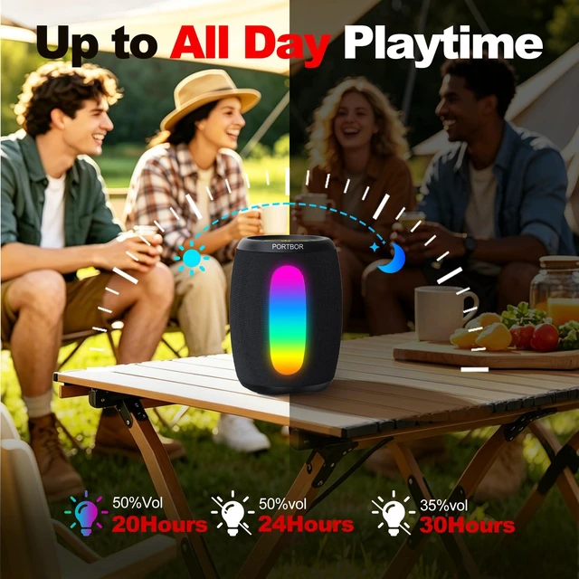 Alt view image 4 of 7 - Bluetooth Speaker Wireless, Powerful Stereo Sound, IPX5 Waterproof | 8 Dynamic LED Lights, 30H Playtime, BT 5.3, TWS Pairing, for Outdoor/Home/Party/Camping/Beach Essentials, Gifts for Men Women
