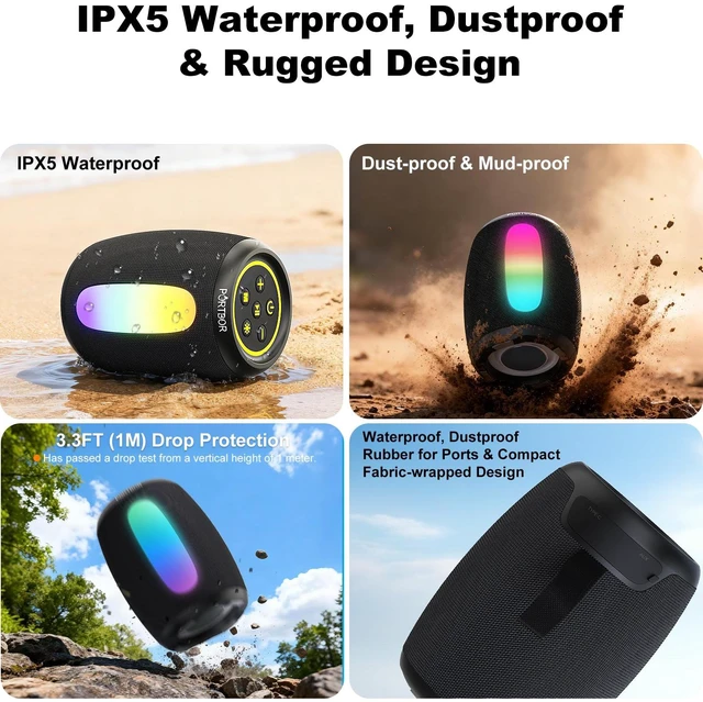Alt view image 5 of 7 - Bluetooth Speaker Wireless, Powerful Stereo Sound, IPX5 Waterproof | 8 Dynamic LED Lights, 30H Playtime, BT 5.3, TWS Pairing, for Outdoor/Home/Party/Camping/Beach Essentials, Gifts for Men Women