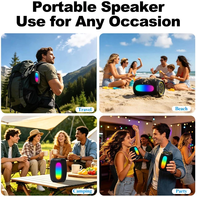 Alt view image 7 of 7 - Bluetooth Speaker Wireless, Powerful Stereo Sound, IPX5 Waterproof | 8 Dynamic LED Lights, 30H Playtime, BT 5.3, TWS Pairing, for Outdoor/Home/Party/Camping/Beach Essentials, Gifts for Men Women