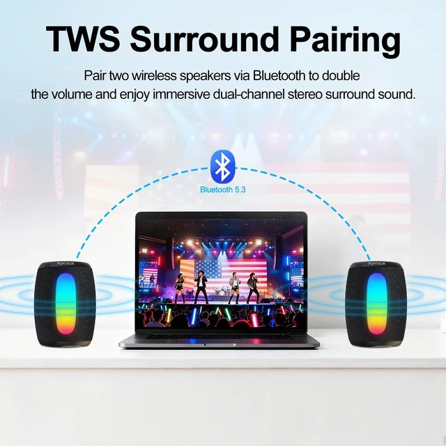 Alt view image 6 of 7 - Bluetooth Speaker Wireless, Powerful Stereo Sound, IPX5 Waterproof | 8 Dynamic LED Lights, 30H Playtime, BT 5.3, TWS Pairing, for Outdoor/Home/Party/Camping/Beach Essentials, Gifts for Men Women