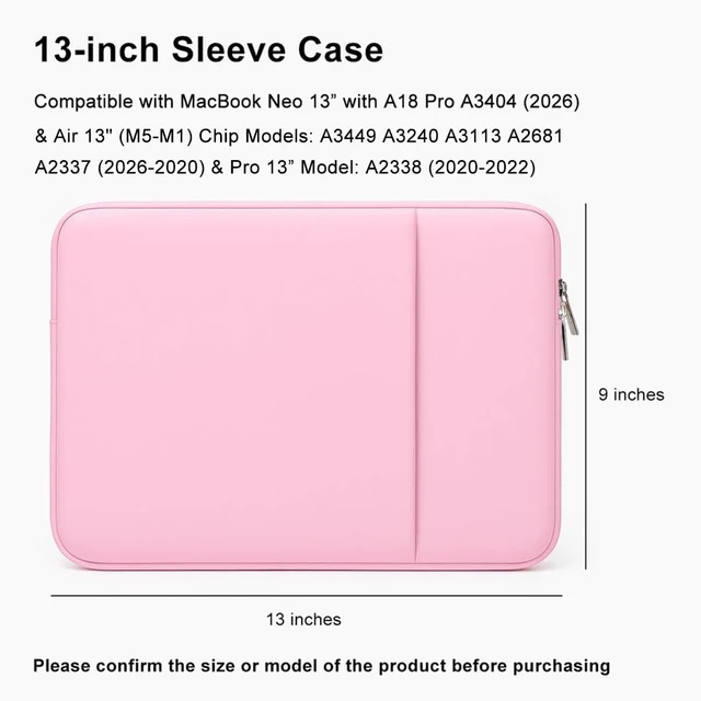 Alt view image 2 of 7 - Laptop Sleeve for MacBook Neo/Air/Pro 13 inches A18/M5/M4/M3/M2/M1 Chip 2026-2020 A3404 A3449 A3240 A3113 with 2 Pockets Tablet Bag Case Accessories (Bright Blush Pink)