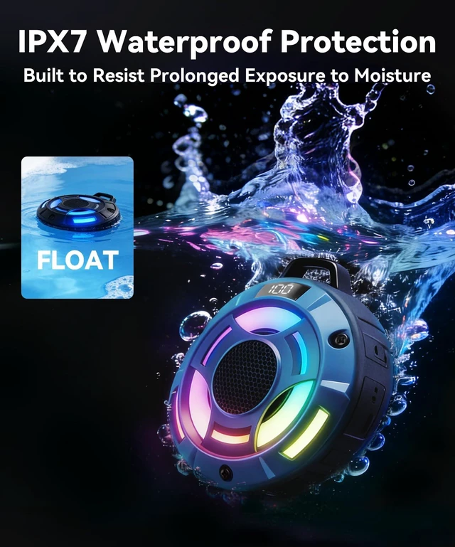 Alt view image 4 of 7 - Room 1 Portable Bluetooth Speaker, IPX7 Waterproof | 12W Powerful JIKE BASS Sound,15H Playtime, LED Power Display, RGB Lights, for Kayaking Pool, Beach, Camping