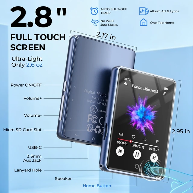 Alt view image 2 of 7 - 32GB MP3 Player with Bluetooth 5.3, 2.8" Touchscreen & Speaker | HiFi Lossless Audio, Zinc Alloy Body, 48H Playback, FM Radio, Voice Recorder, 3.5mm Headphone Jack, Up to 128GB microSD Card
