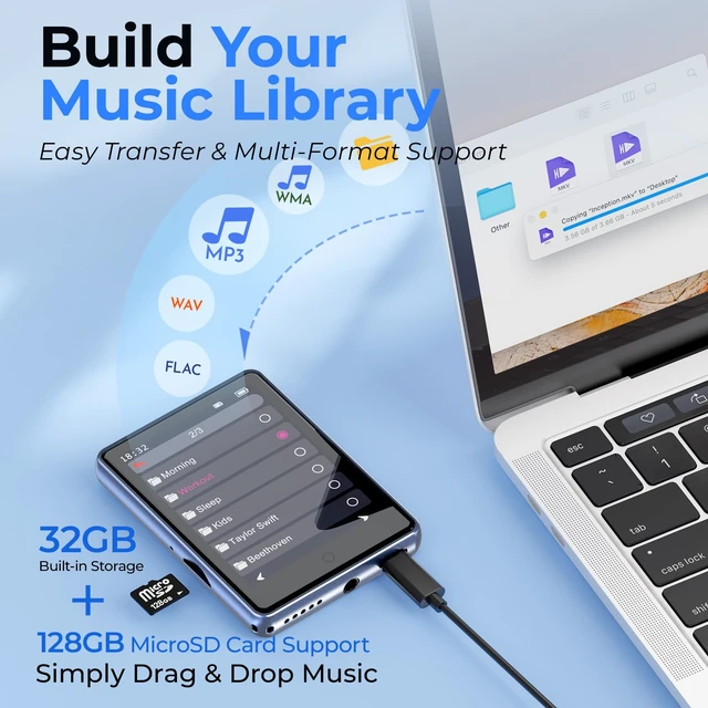 Alt view image 5 of 7 - 32GB MP3 Player with Bluetooth 5.3, 2.8" Touchscreen & Speaker | HiFi Lossless Audio, Zinc Alloy Body, 48H Playback, FM Radio, Voice Recorder, 3.5mm Headphone Jack, Up to 128GB microSD Card