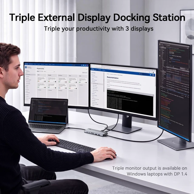 Alt view image 2 of 7 - Laptop Docking Station 3 Monitor 4K, 14-in-1 USB C Docking Station | 4K@144Hz DP, 6USB Port, 100W PD Charging, Ethernet, Switch Button, SD/microSD Audio, USB C Hub for Windows (No Power Adapter)