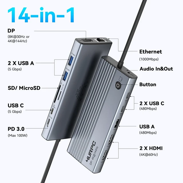 Alt view image 3 of 7 - Laptop Docking Station 3 Monitor 4K, 14-in-1 USB C Docking Station | 4K@144Hz DP, 6USB Port, 100W PD Charging, Ethernet, Switch Button, SD/microSD Audio, USB C Hub for Windows (No Power Adapter)